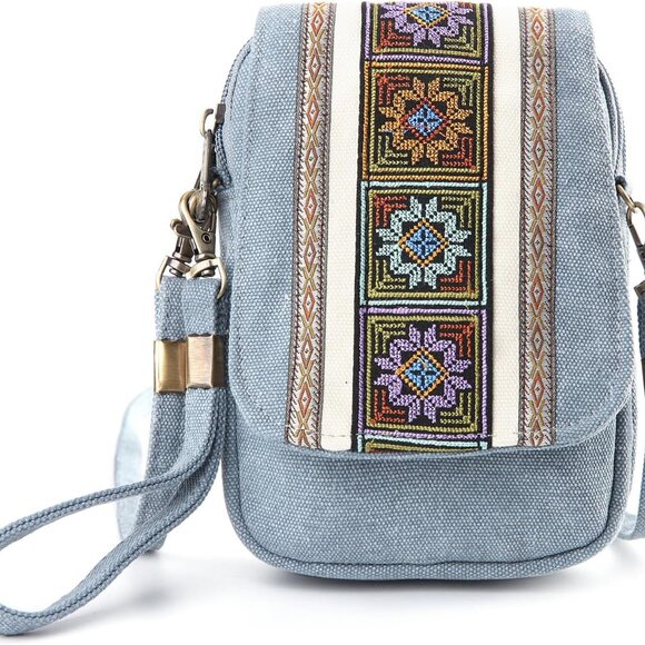 Embroidery Canvas Crossbody Bag Women Small Organizer Cell Phone Pouch - Picture 1 of 7